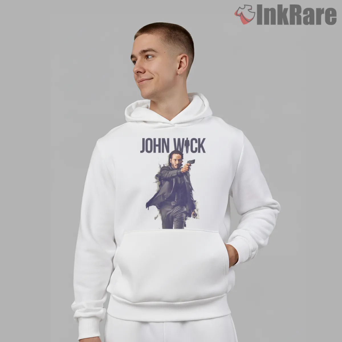 John Wick Action Film Spotlight Hoodie White John Wick Action Film Spotlight Shirt on white hoodie for men graphic tee