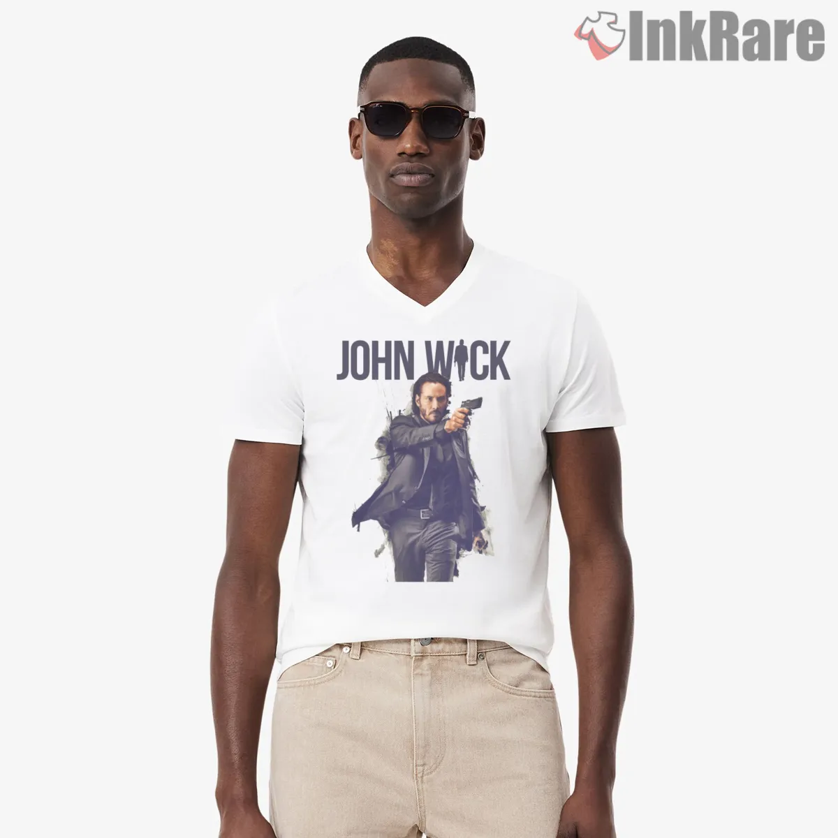 John Wick Action Film Spotlight V Neck White John Wick Action Film Spotlight Shirt on white v-neck shirt for men graphic tee