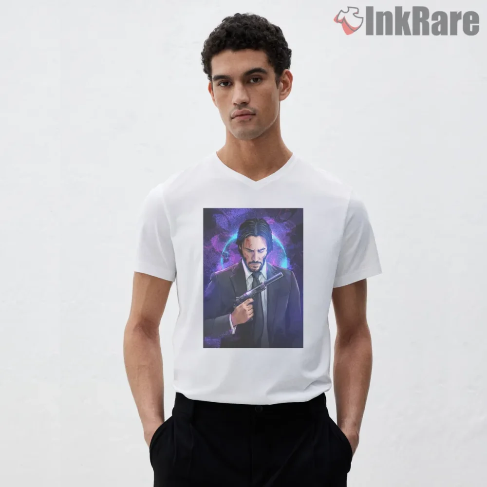 John Wick Arcane Neon Aura Shirt on white v-neck shirt for men graphic tee