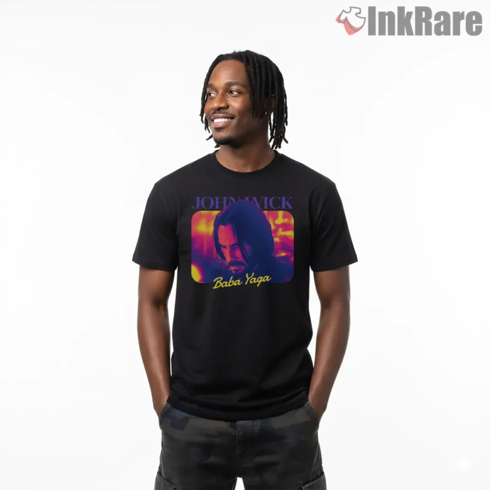 John Wick Baba Yaga Cinematic Glow Shirt on black short sleeve shirt for men graphic tee
