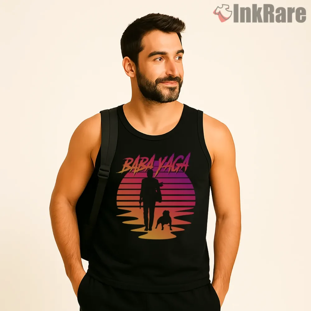 John Wick Baba Yaga Dog Sunset Retro Shirt on black tank top for men graphic tee