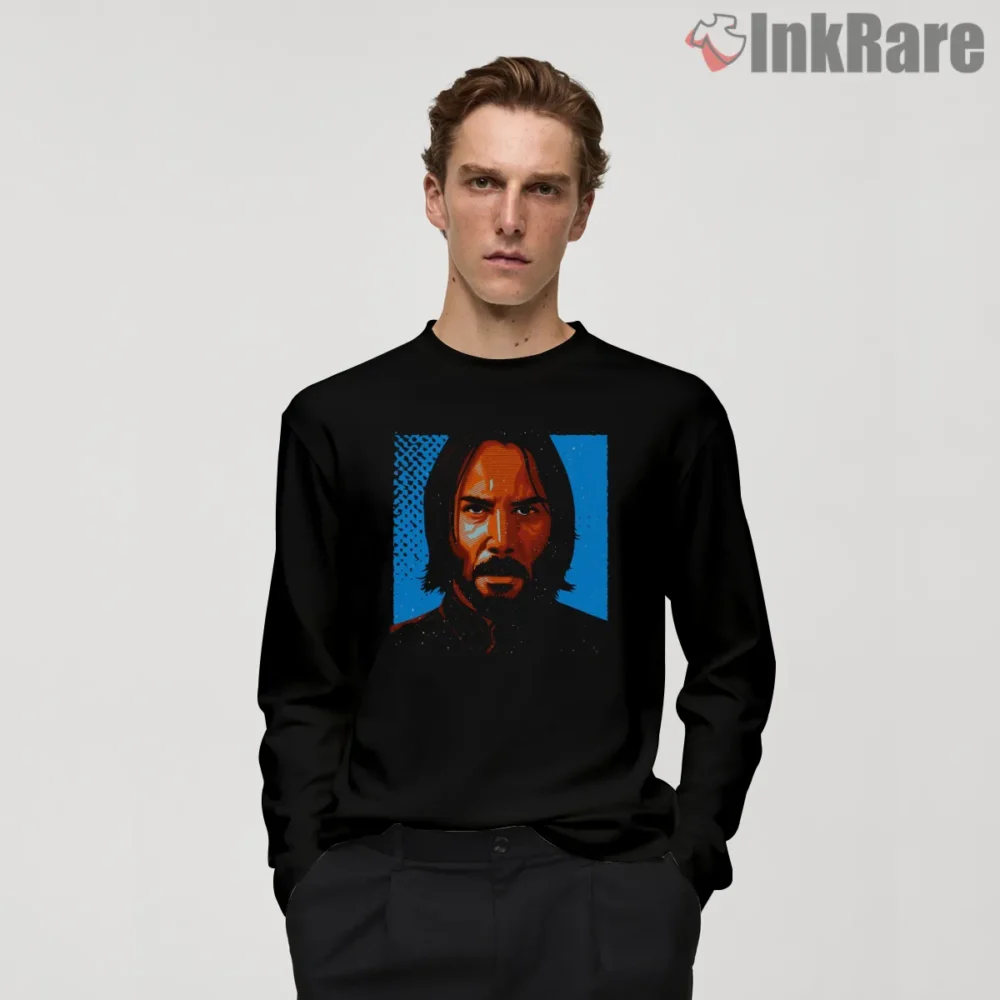 John Wick Blue Halftone Close Up Shirt on black long sleeve shirt for men graphic tee