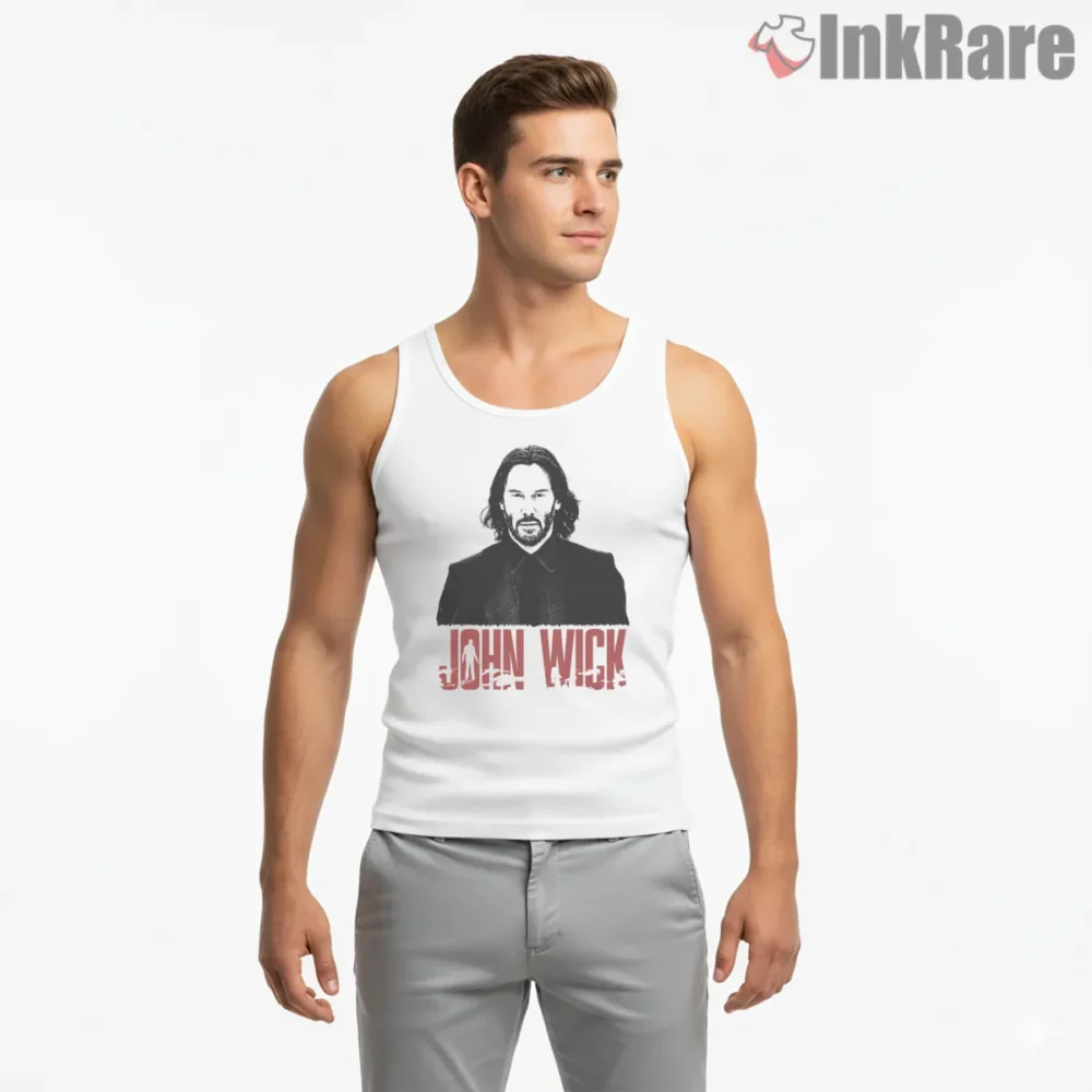 John Wick Bold Silhouette Title Shirt on white tank top for men graphic tee