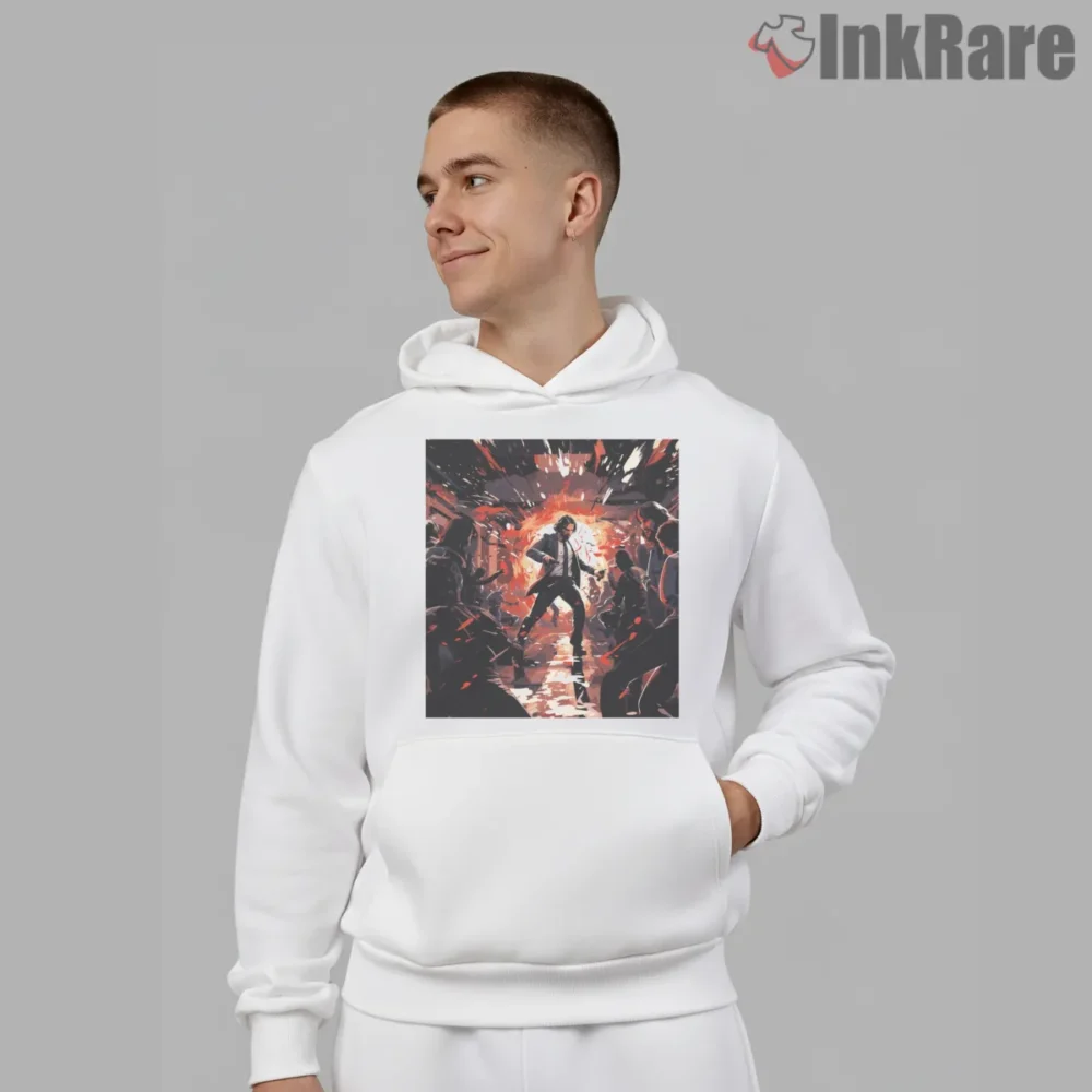 John Wick Corridor Inferno Action Shirt on white hoodie for men graphic tee