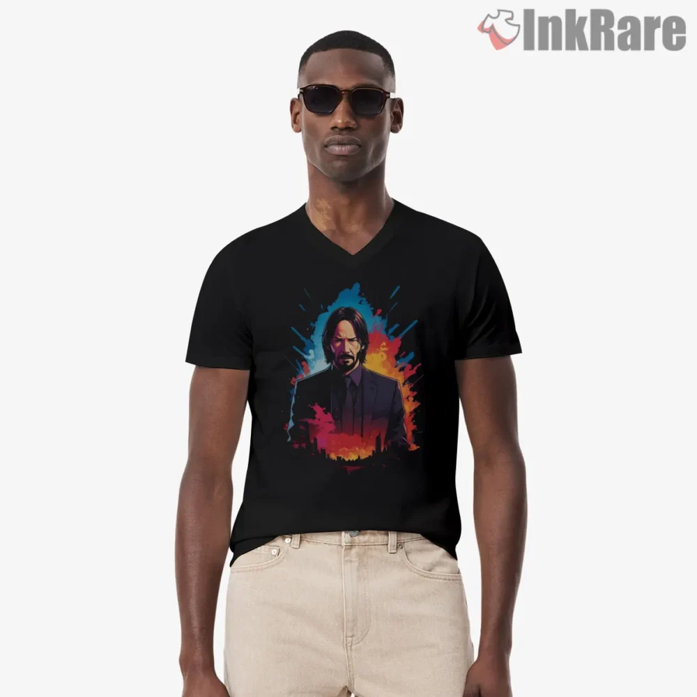 John Wick Electric Aura Portrait Shirt on black v-neck shirt for men graphic tee