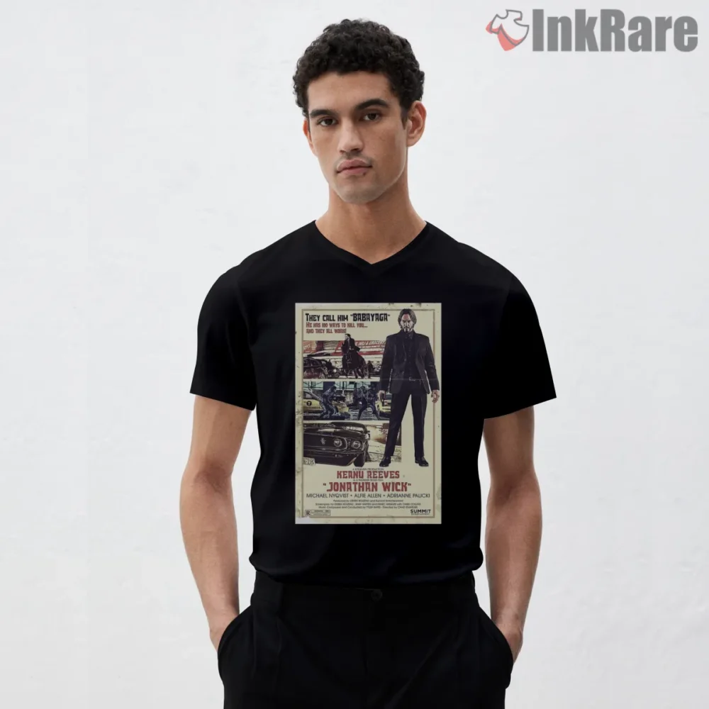 John Wick Golden Retro Japanese Poster Shirt on black v-neck shirt for men graphic tee