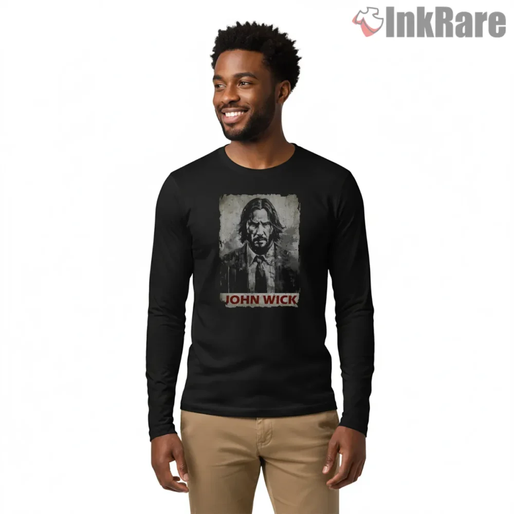 John Wick Grunge Monochrome Portrait Shirt on black long sleeve shirt for men graphic tee