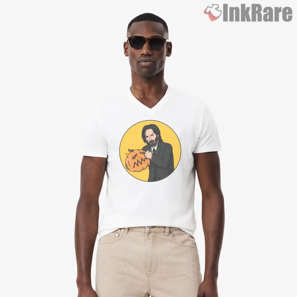 John Wick Hallowick Pumpkin Carving Shirt on white v-neck shirt for men graphic tee