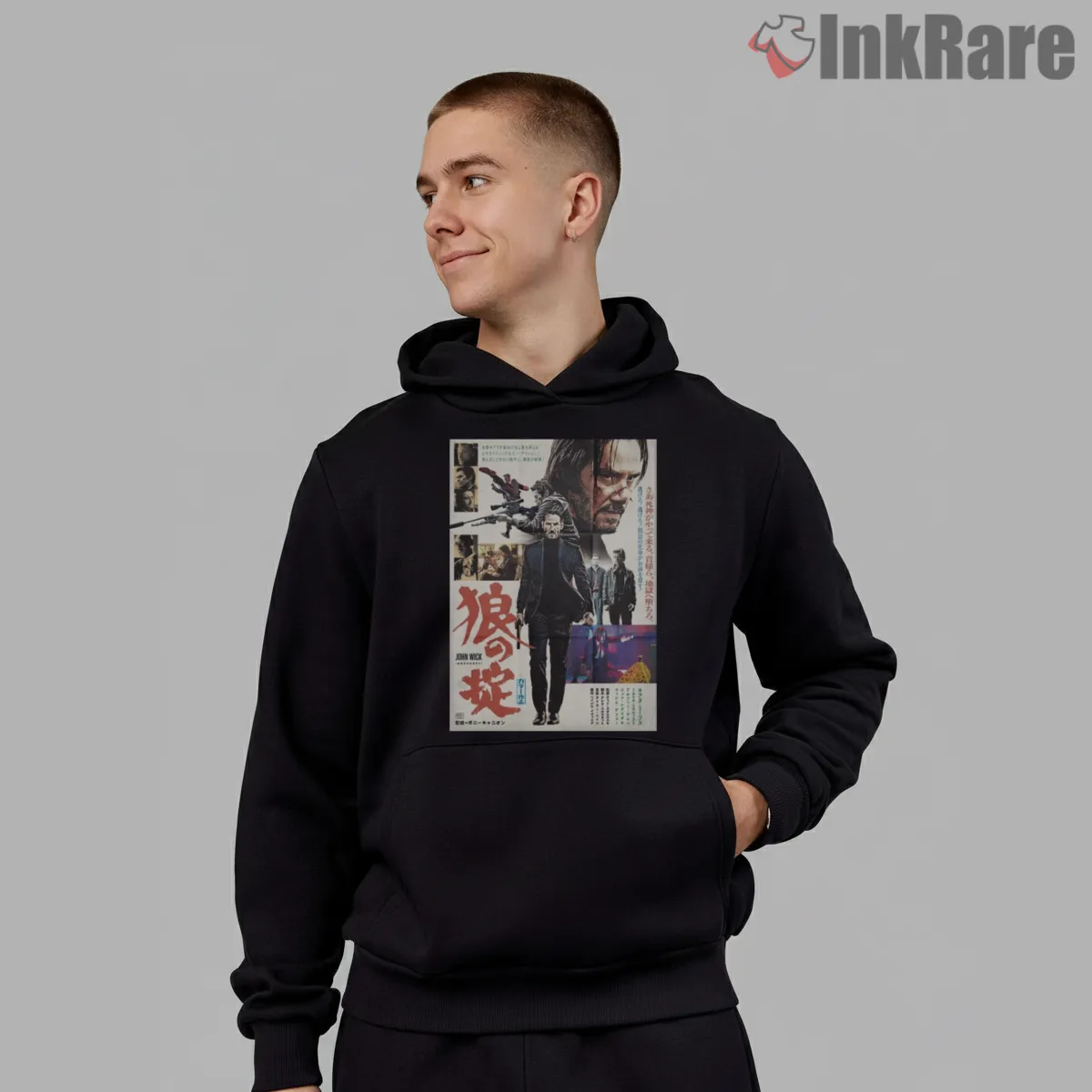 John Wick Japanese Action Montage Poster Shirt on black hoodie for men graphic tee