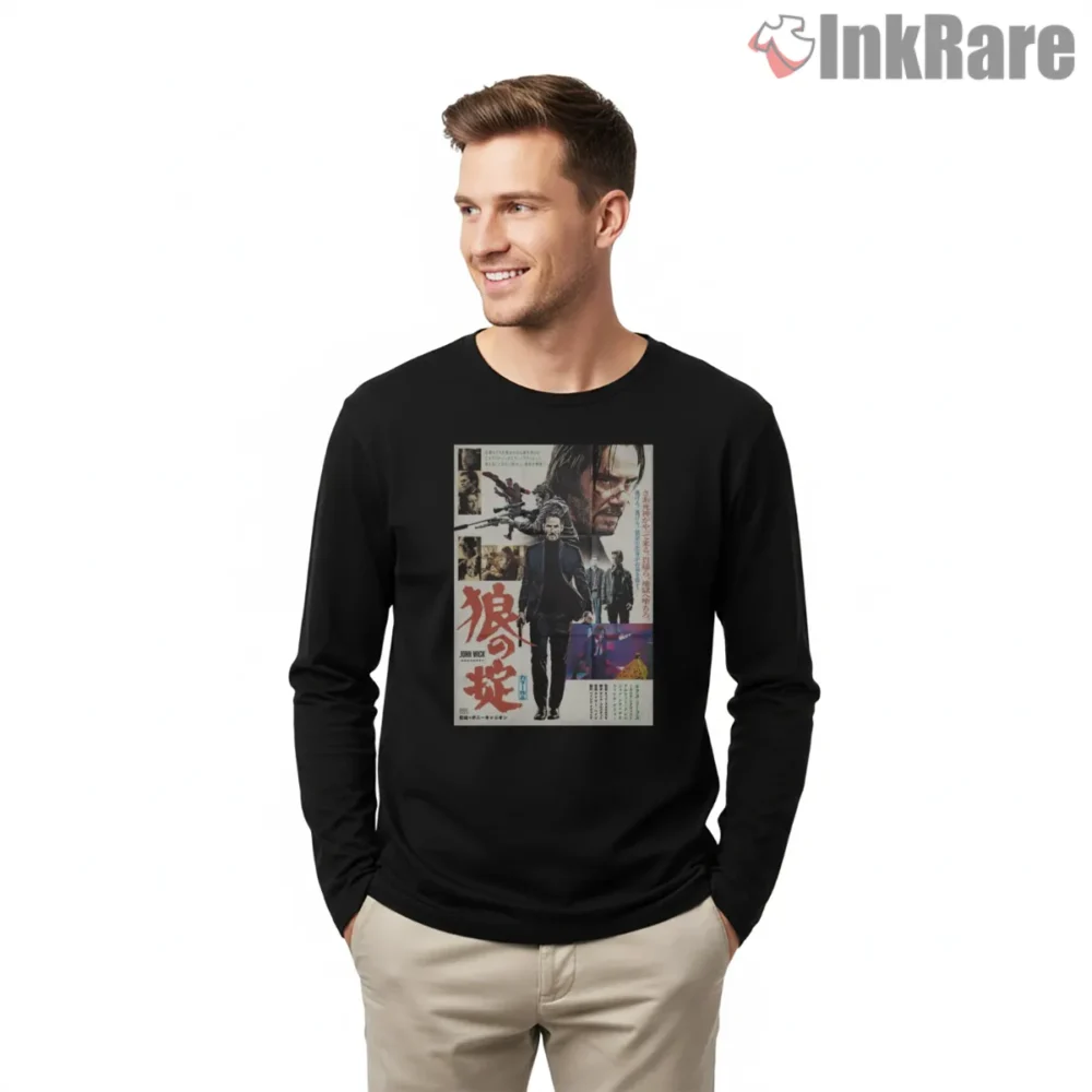 John Wick Japanese Action Montage Poster Shirt on black long sleeve shirt for men graphic tee
