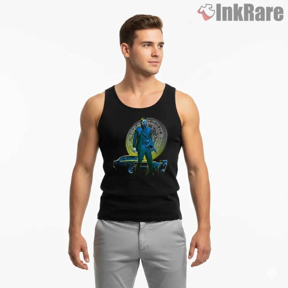 John Wick Lone Hitman And Dog Coin Shirt on black tank top for men graphic tee