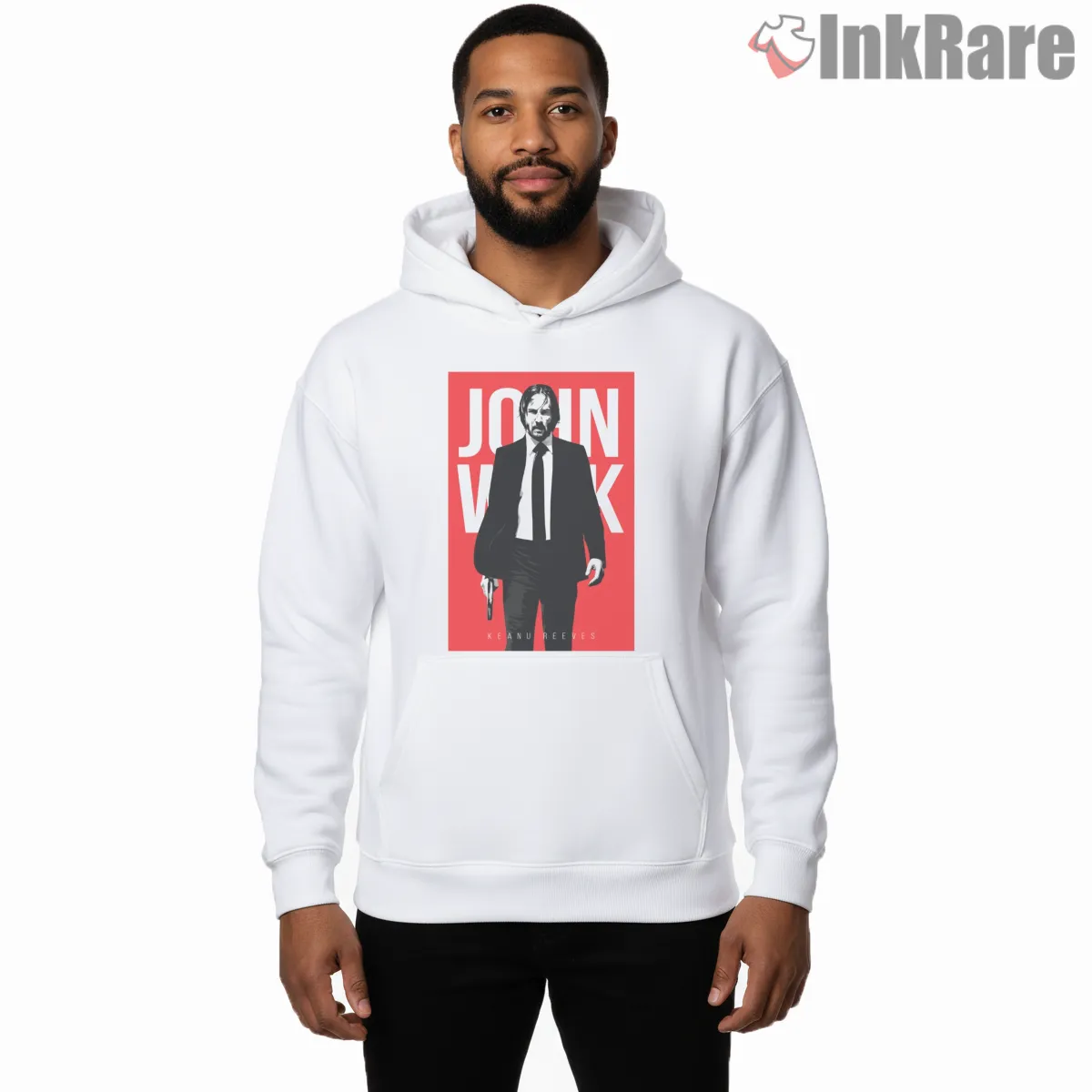 John Wick Minimal Red Title Hoodie White John Wick Minimal Red Title Shirt on white hoodie for men graphic tee
