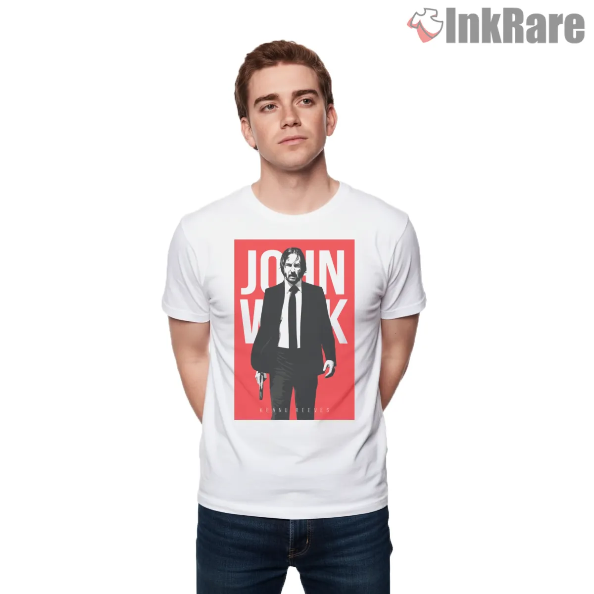 John Wick Minimal Red Title Short Sleeve White John Wick Minimal Red Title Shirt on white short sleeve shirt for men graphic tee