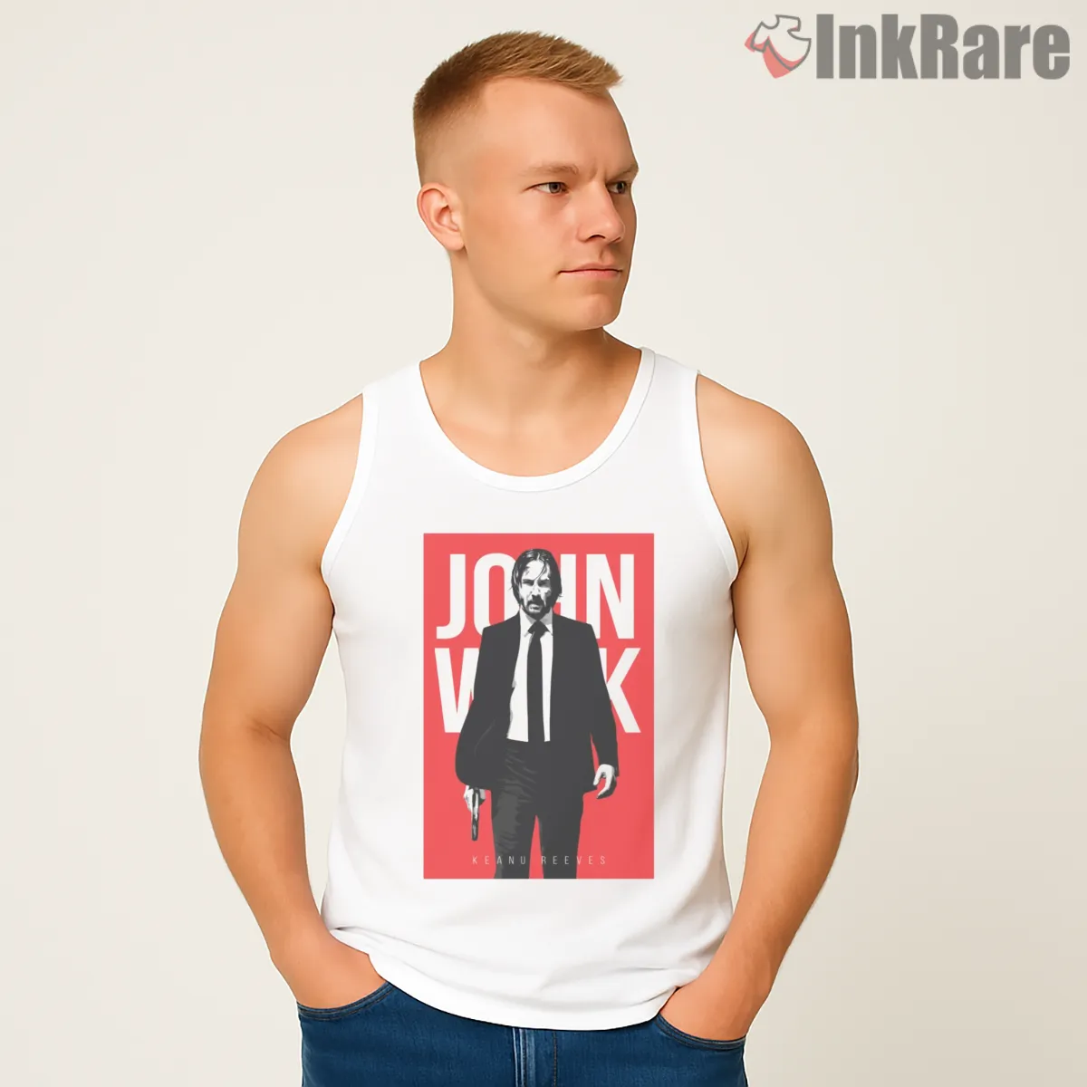 John Wick Minimal Red Title Tank Top White John Wick Minimal Red Title Shirt on white tank top for men graphic tee