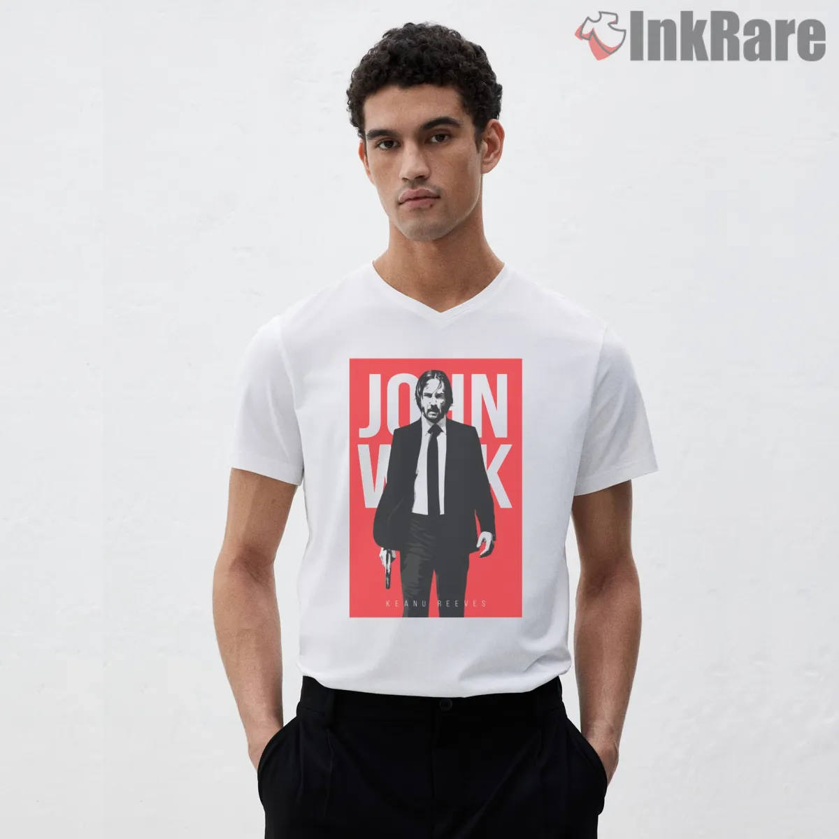 John Wick Minimal Red Title V Neck White John Wick Minimal Red Title Shirt on white v-neck shirt for men graphic tee