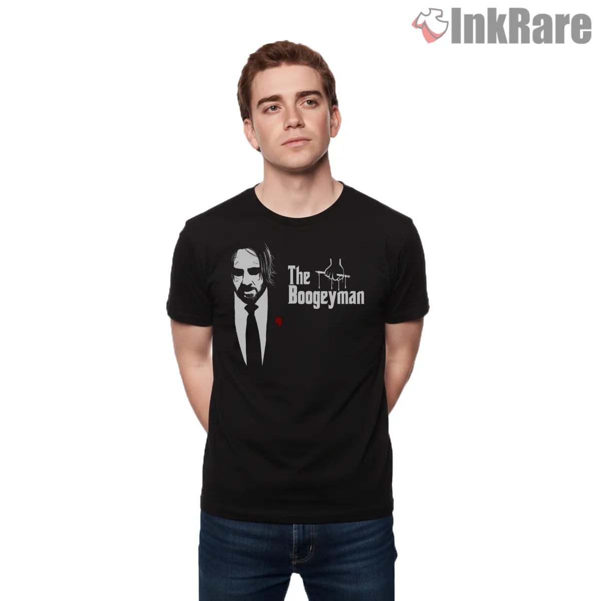 John Wick Minimal The Boogeyman Short Sleeve Black John Wick Minimal The Boogeyman Shirt on black short sleeve shirt for men graphic tee