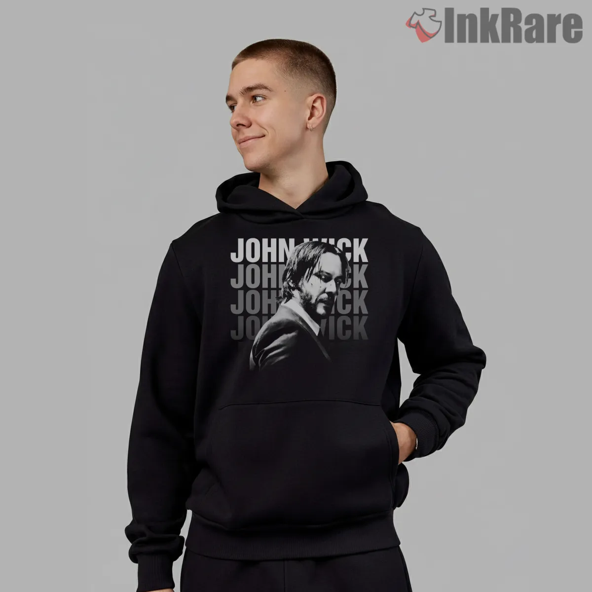 John Wick Monochrome Stacked Text Hoodie Black John Wick Monochrome Stacked Text Shirt on black hoodie for men graphic tee