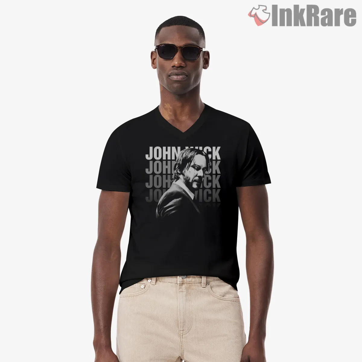 John Wick Monochrome Stacked Text V Neck Black John Wick Monochrome Stacked Text Shirt on black v-neck shirt for men graphic tee