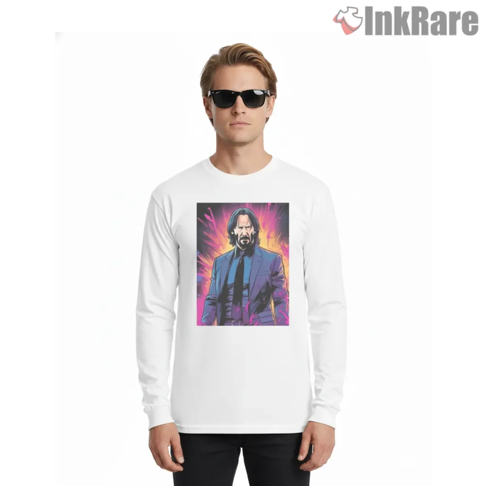 John Wick Neon Comic Book Portrait Shirt on white long sleeve shirt for men graphic tee