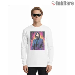 John Wick Neon Comic Book Portrait Shirt on white long sleeve shirt for men graphic tee
