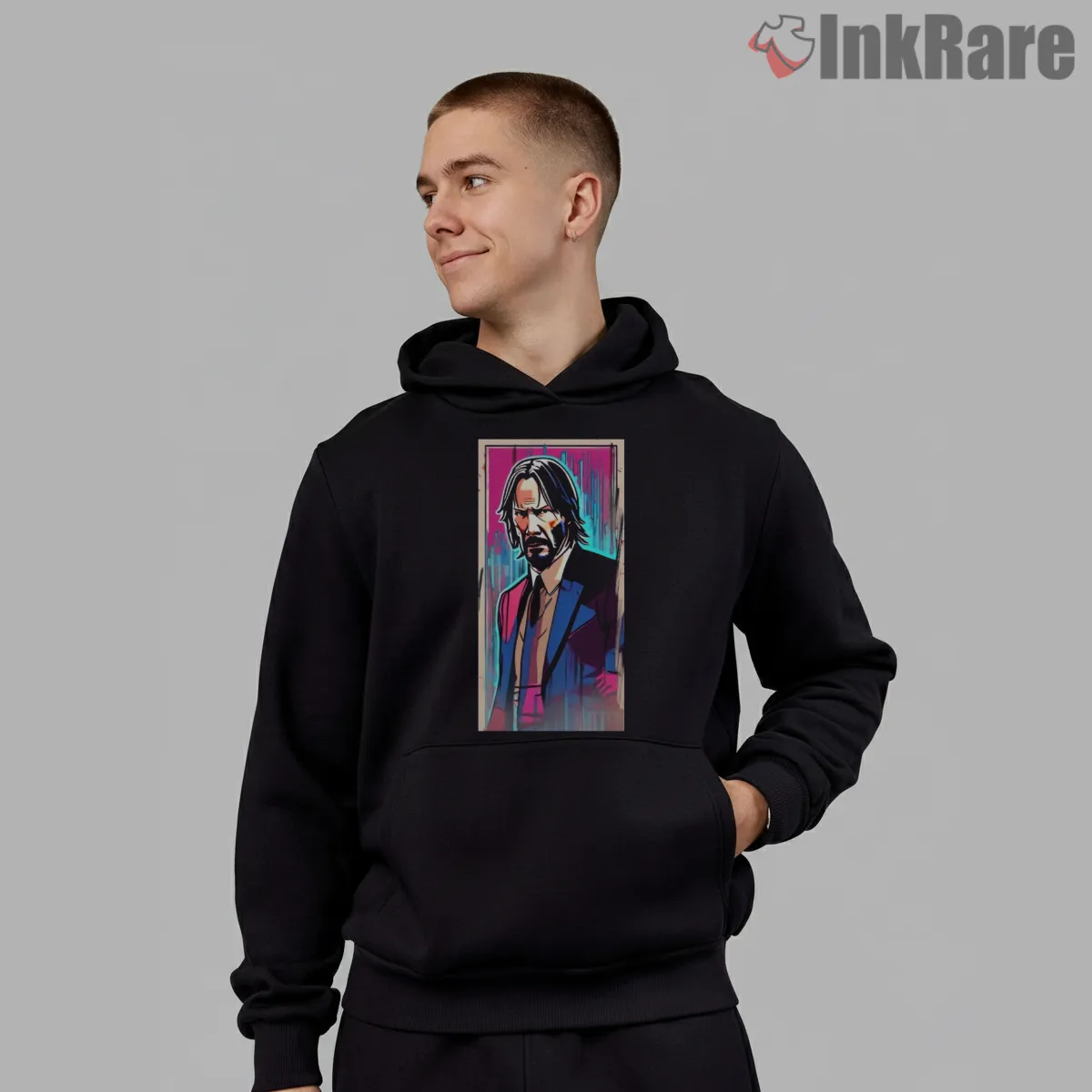 John Wick Neon Comic Portrait Hoodie Black John Wick Neon Comic Portrait Shirt on black hoodie for men graphic tee