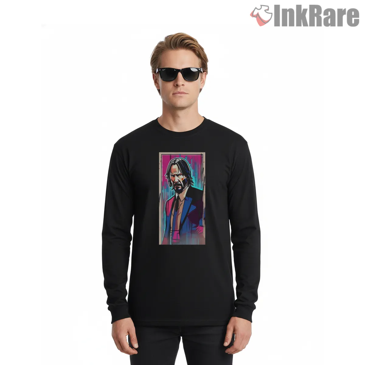 John Wick Neon Comic Portrait Long Sleeve Black John Wick Neon Comic Portrait Shirt on black long sleeve shirt for men graphic tee