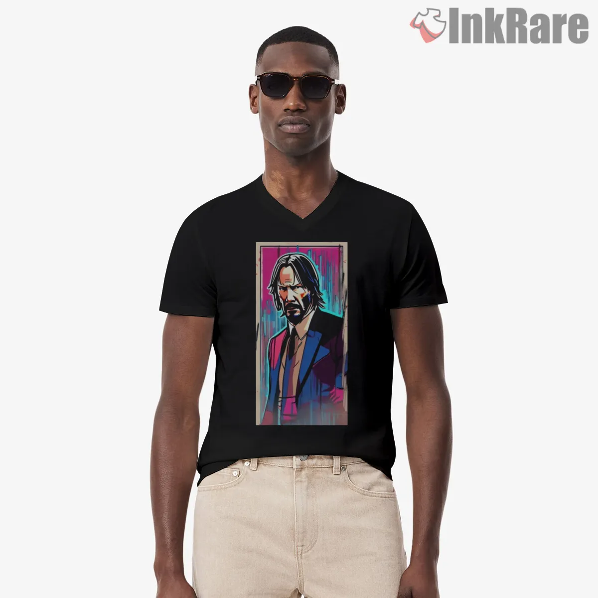 John Wick Neon Comic Portrait V Neck Black John Wick Neon Comic Portrait Shirt on black v-neck shirt for men graphic tee