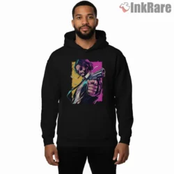 John Wick Neon Gunpoint Action Pose Shirt on black hoodie for men graphic tee