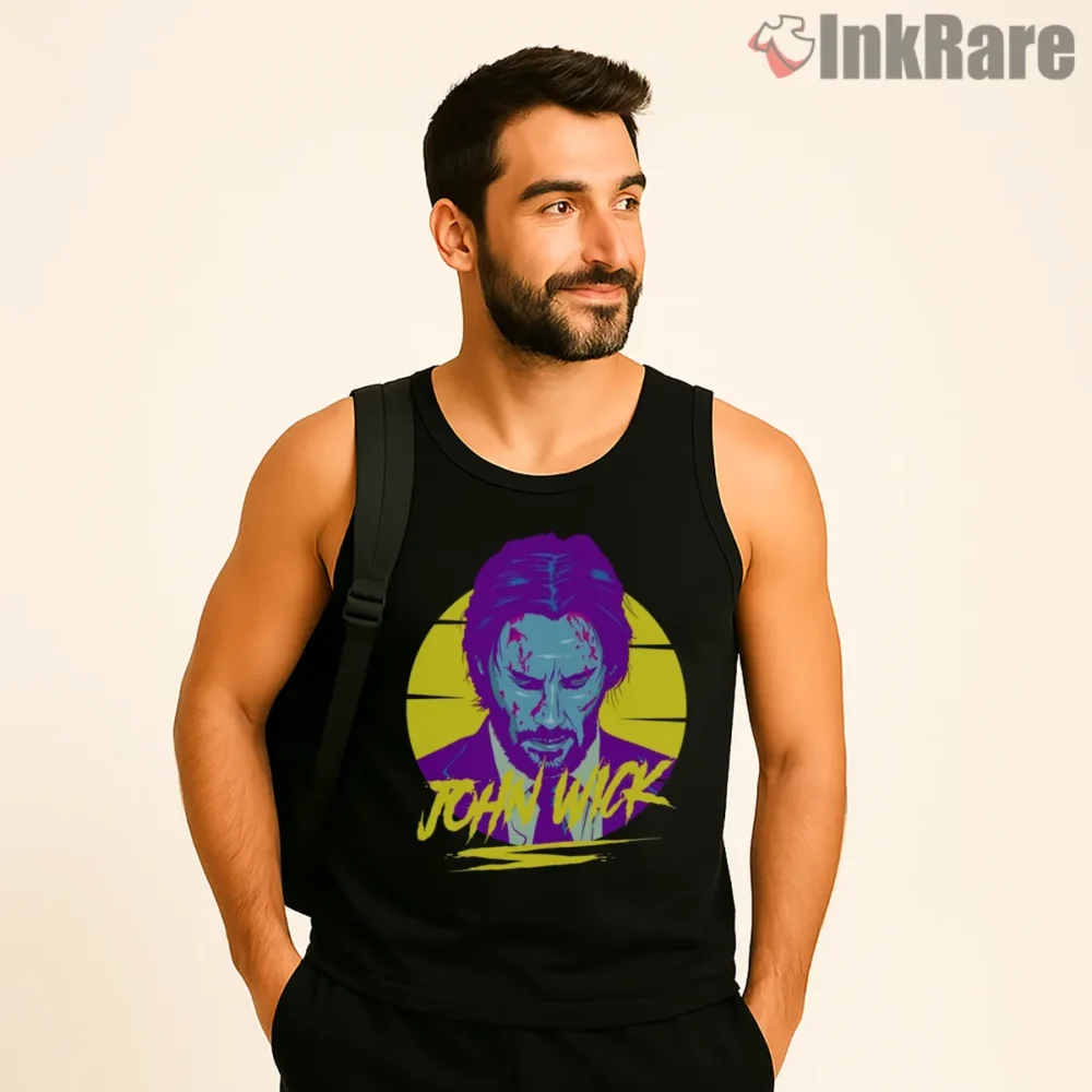 John Wick Neon Sunrise Portrait Shirt on black tank top for men graphic tee