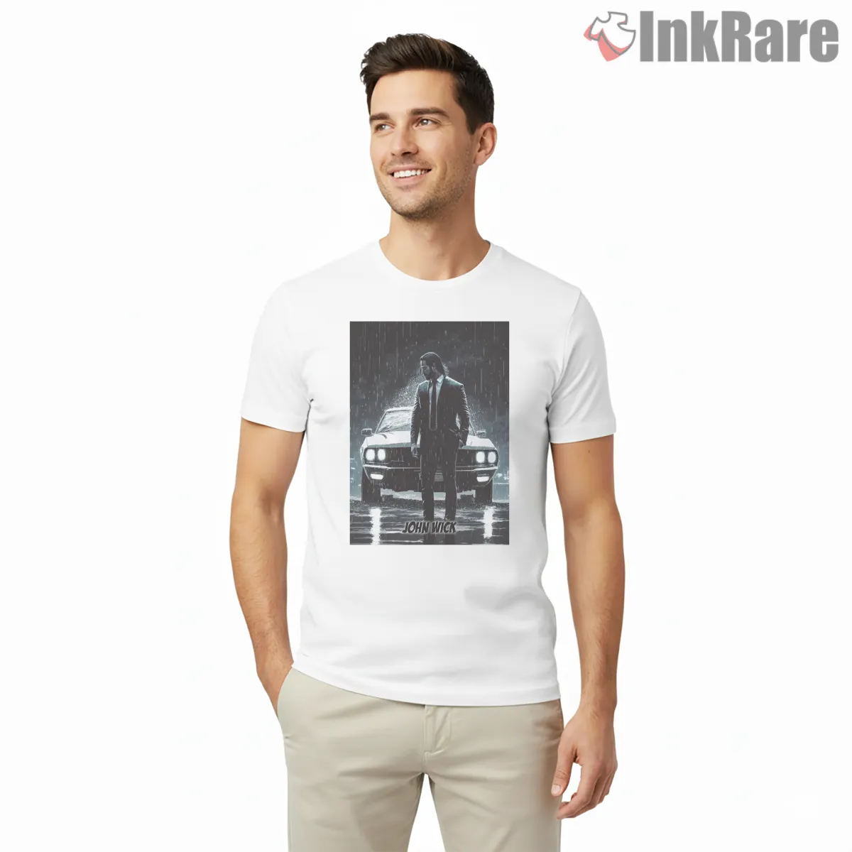 John Wick Rain Soaked Night Drive Short Sleeve White John Wick Rain Soaked Night Drive Shirt on white short sleeve shirt for men graphic tee