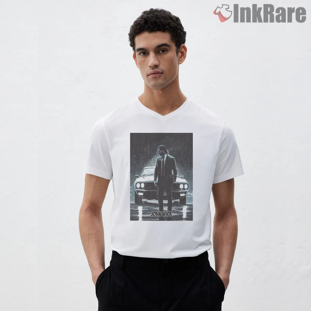 John Wick Rain Soaked Night Drive V Neck White John Wick Rain Soaked Night Drive Shirt on white v-neck shirt for men graphic tee