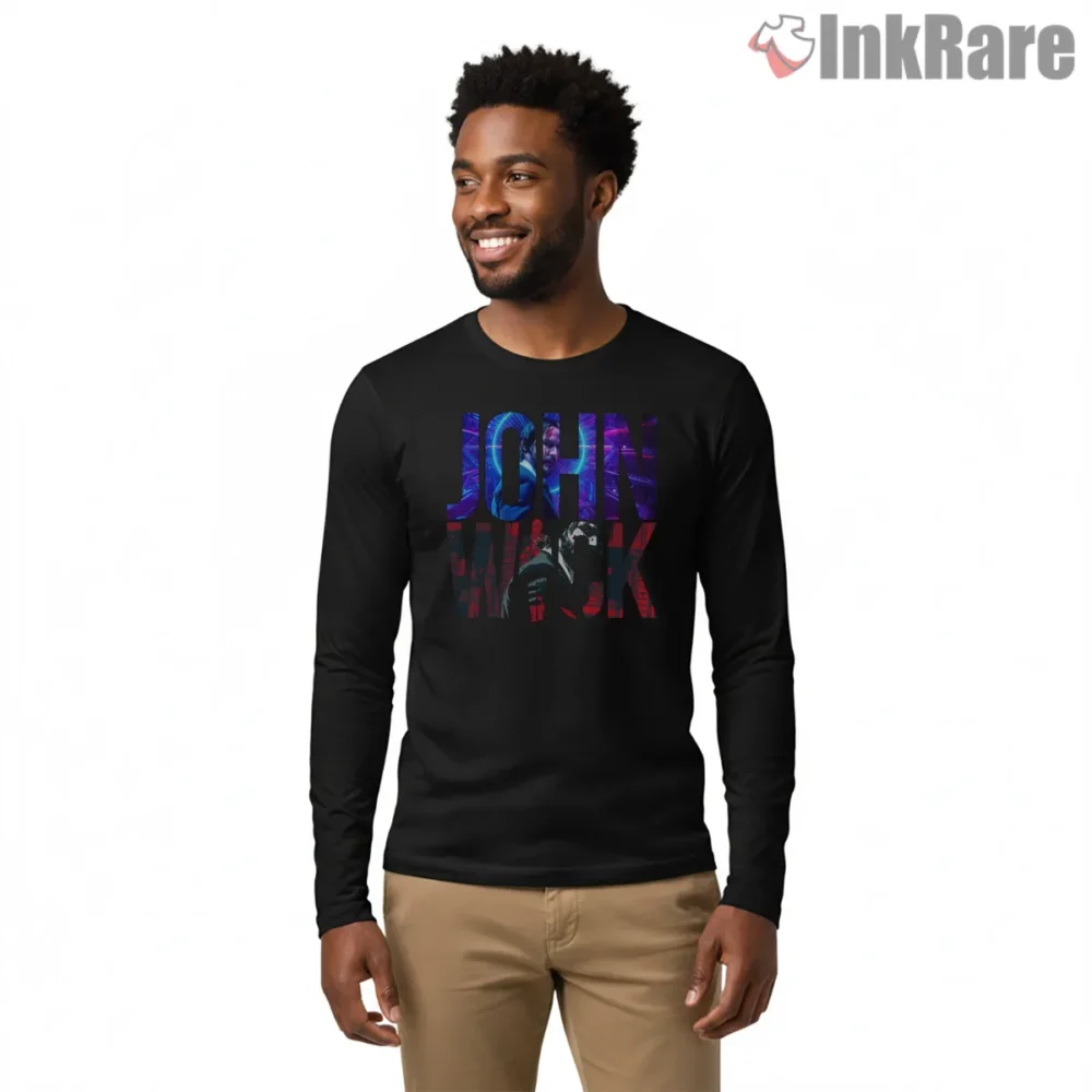 John Wick Rainbow Letter Collage Shirt on black long sleeve shirt for men graphic tee