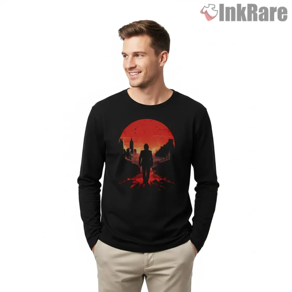 John Wick Red City Sunset Silhouette Shirt on black long sleeve shirt for men graphic tee