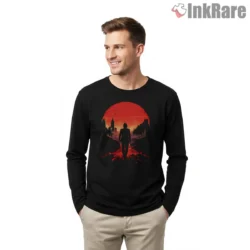 John Wick Red City Sunset Silhouette Shirt on black long sleeve shirt for men graphic tee