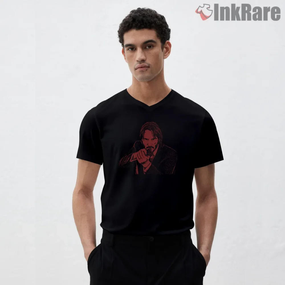 John Wick Red Gunpoint Portrait Shirt on black v-neck shirt for men graphic tee