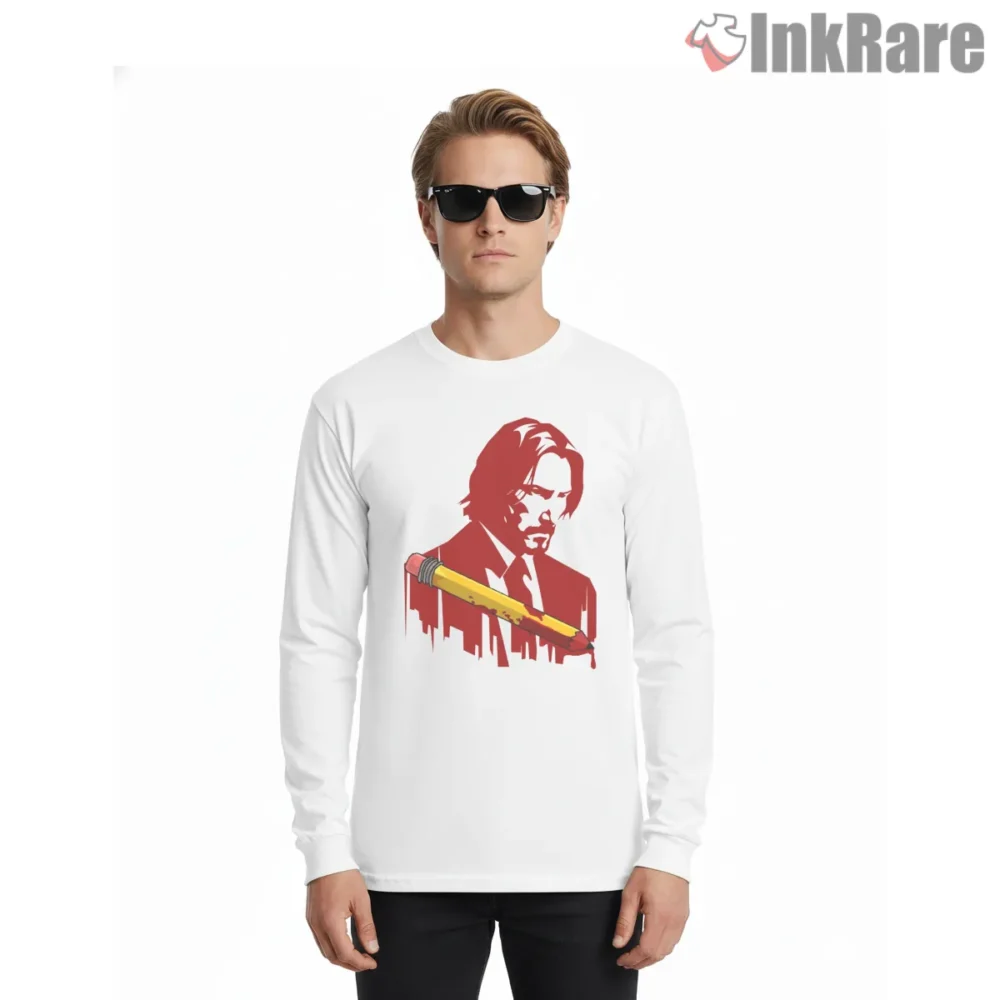 John Wick Red Retro Graphic Pencil Shirt on white long sleeve shirt for men graphic tee