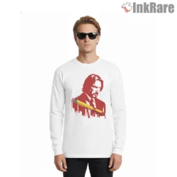 John Wick Red Retro Graphic Pencil Shirt on white long sleeve shirt for men graphic tee