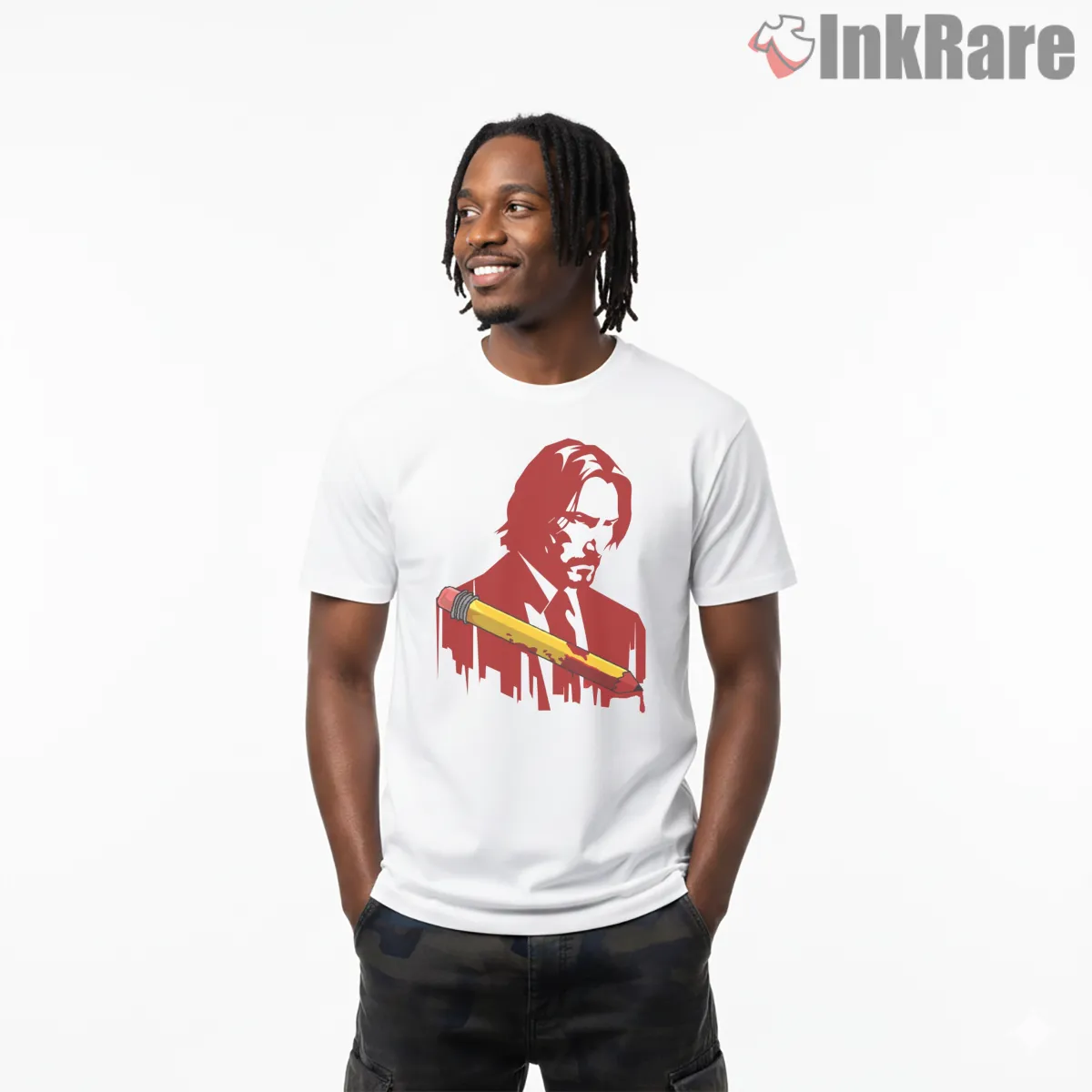 John Wick Red Retro Graphic Pencil Shirt on white short sleeve shirt for men graphic tee