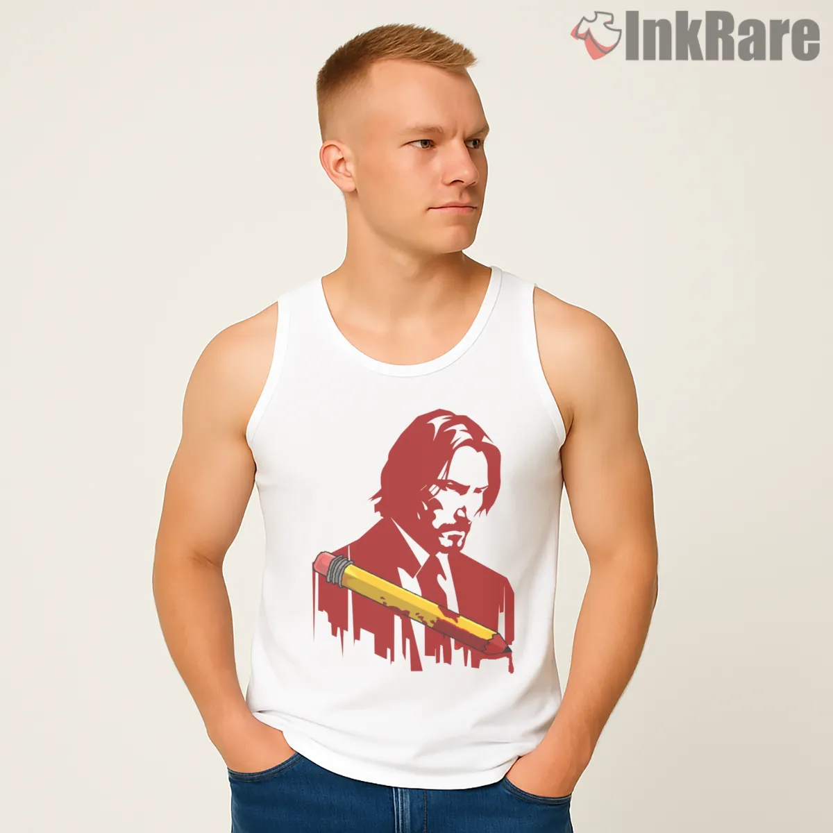John Wick Red Retro Graphic Pencil Tank Top White John Wick Red Retro Graphic Pencil Shirt on white tank top for men graphic tee