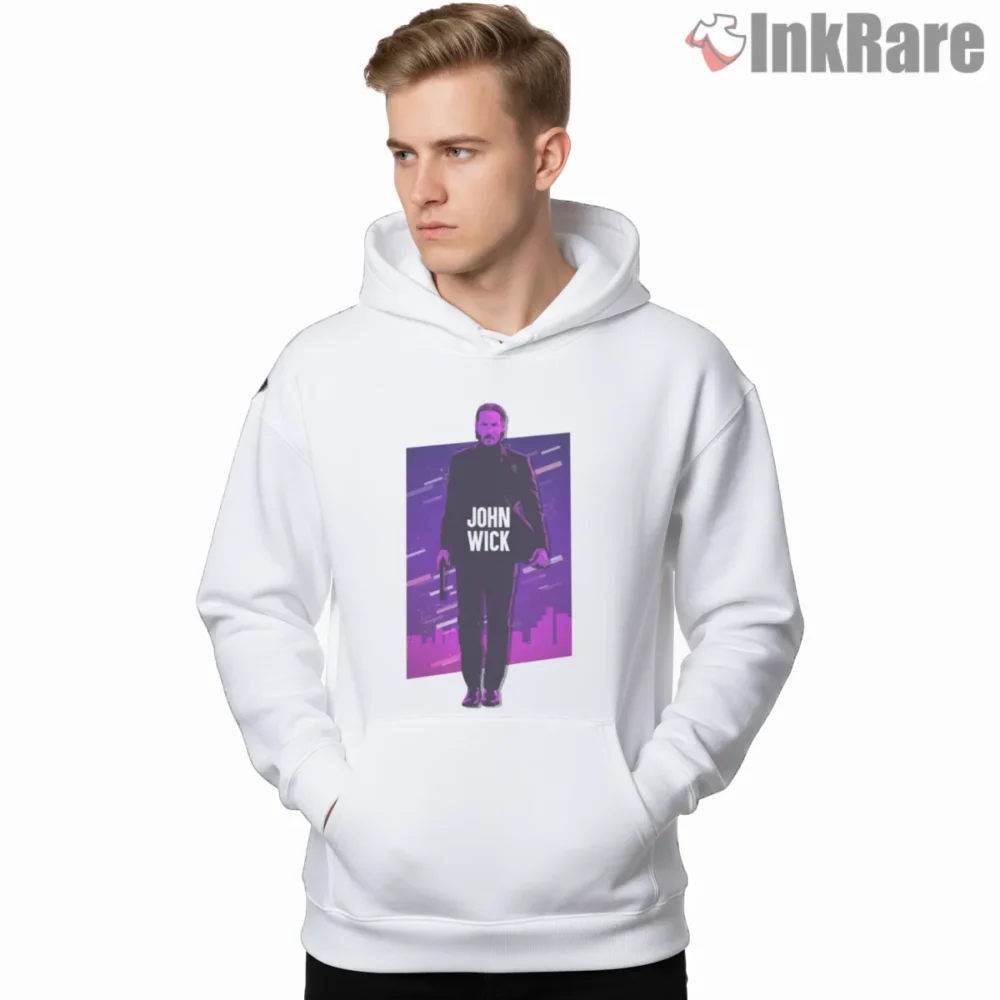 John Wick Retro Eighties Poster Shirt on white hoodie for men graphic tee