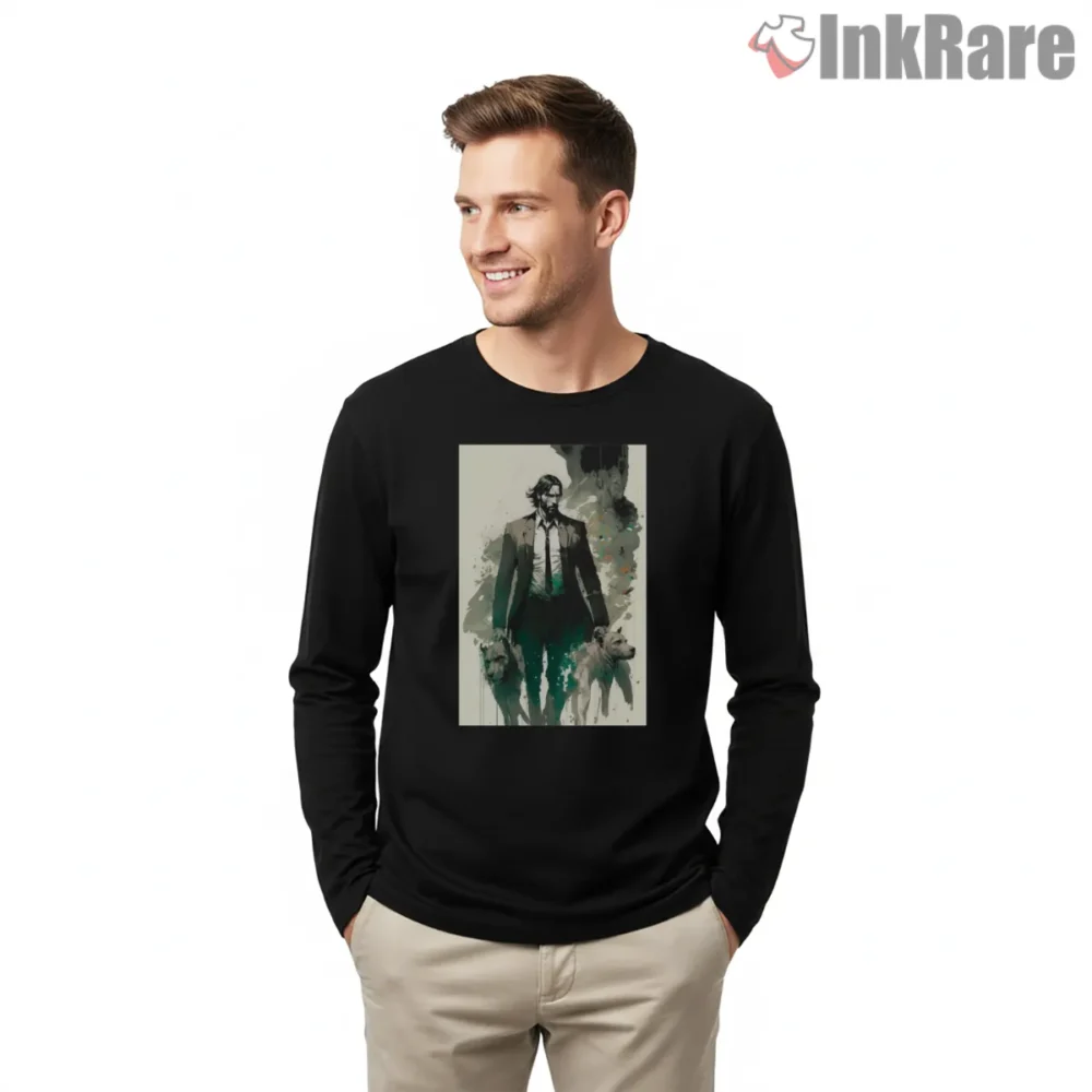 John Wick Spirit Dogs Watercolor Art Shirt on black long sleeve shirt for men graphic tee