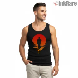 John Wick Sunset Silhouette Dog Walk Shirt on black tank top for men graphic tee