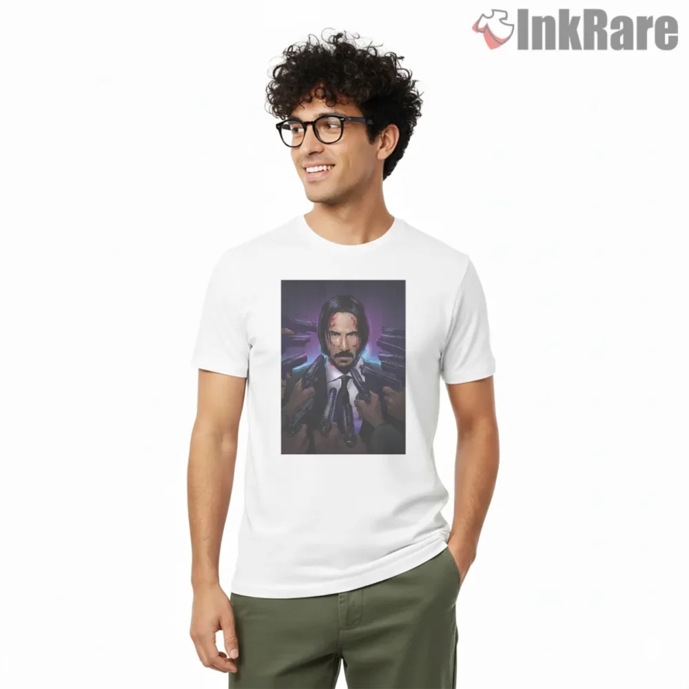 John Wick Surrounded By Barrels Shirt on white short sleeve shirt for men graphic tee