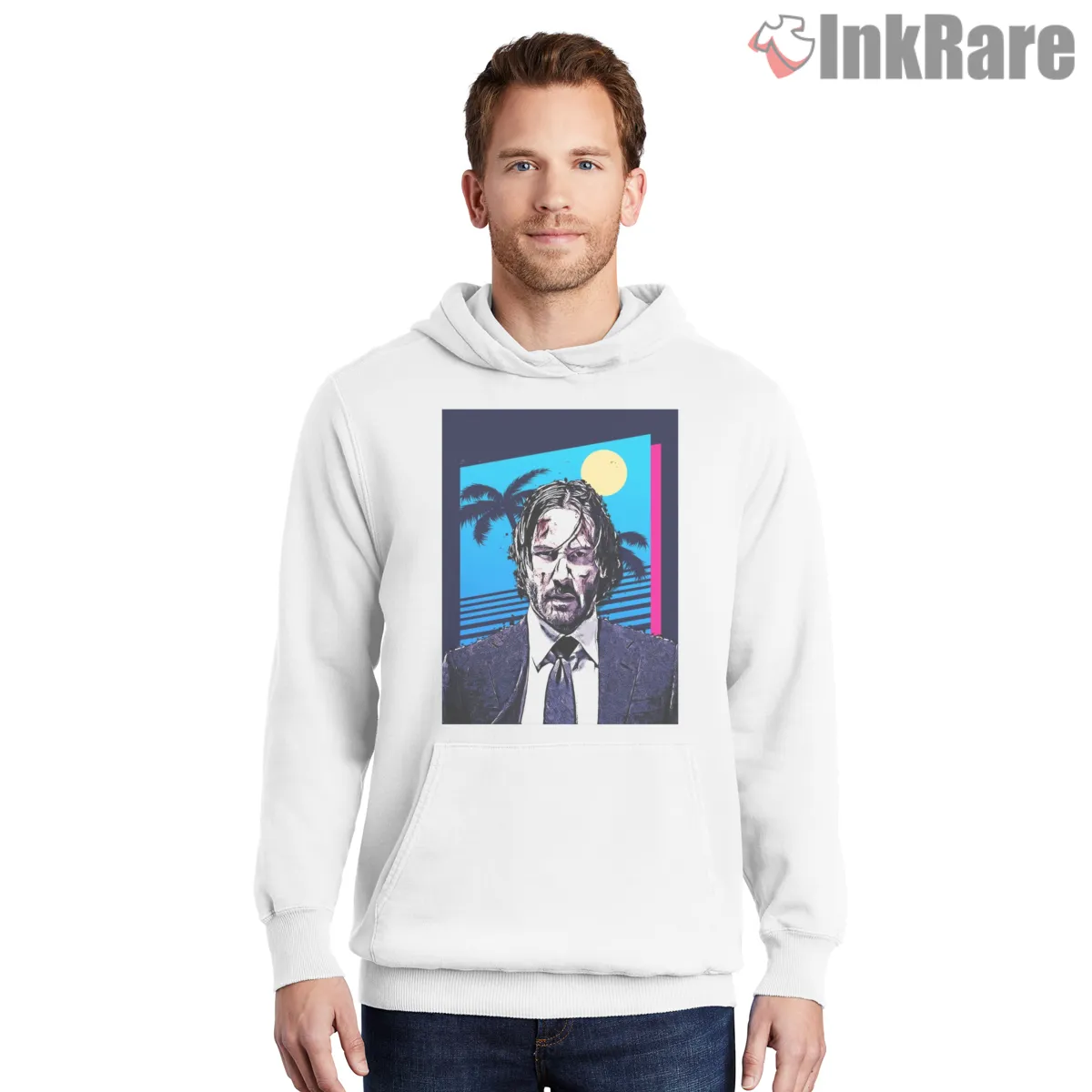 John Wick Tropical Retro Neon Shirt on white hoodie for men graphic tee