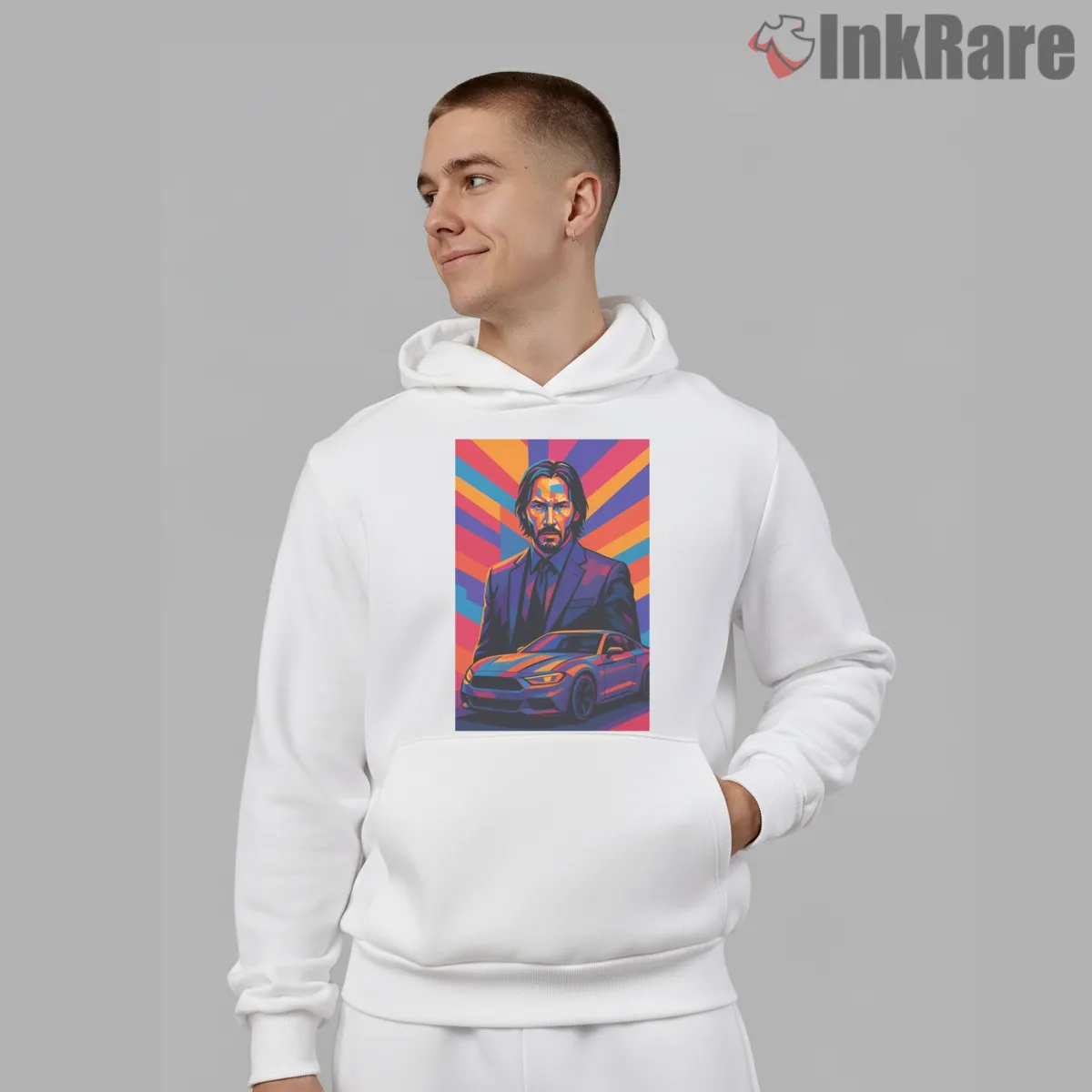 John Wick Vibrant Pop Art Car Shirt on white hoodie for men graphic tee