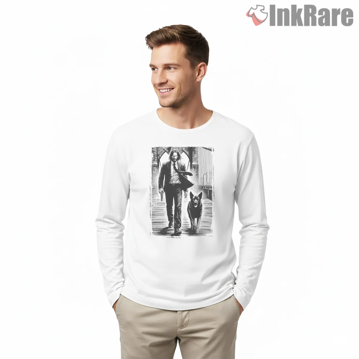 John Wick Vintage Bridge Walk Long Sleeve White John Wick Vintage Bridge Walk Shirt on white long sleeve shirt for men graphic tee