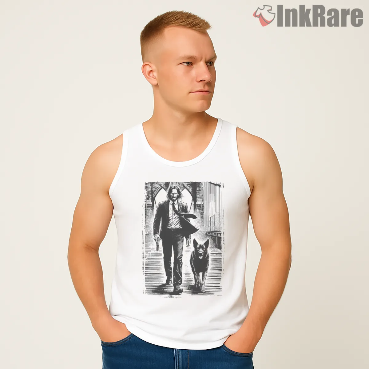 John Wick Vintage Bridge Walk Tank Top White John Wick Vintage Bridge Walk Shirt on white tank top for men graphic tee