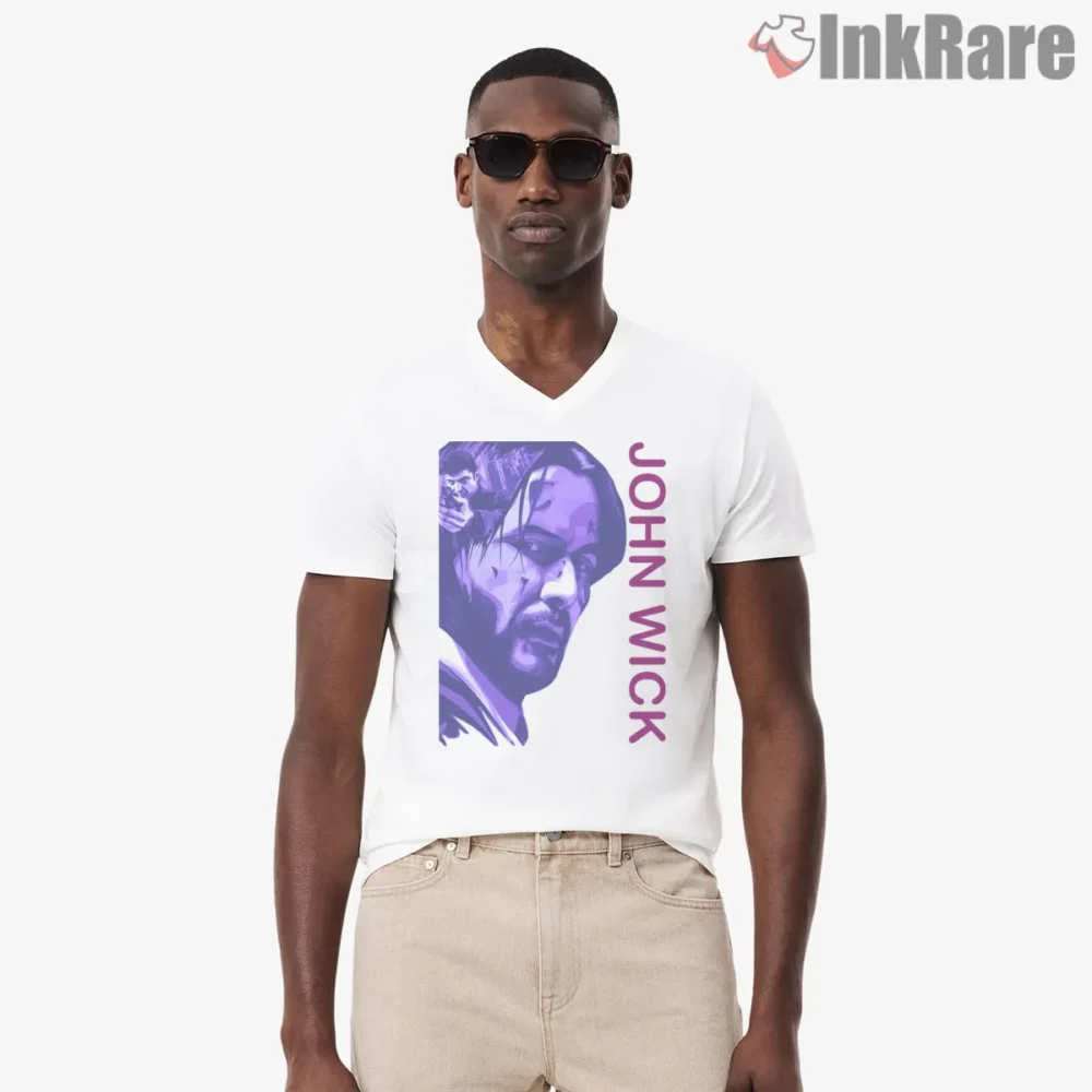John Wick Violet Noir Close Up Shirt on white v-neck shirt for men graphic tee