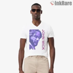 John Wick Violet Noir Close Up Shirt on white v-neck shirt for men graphic tee
