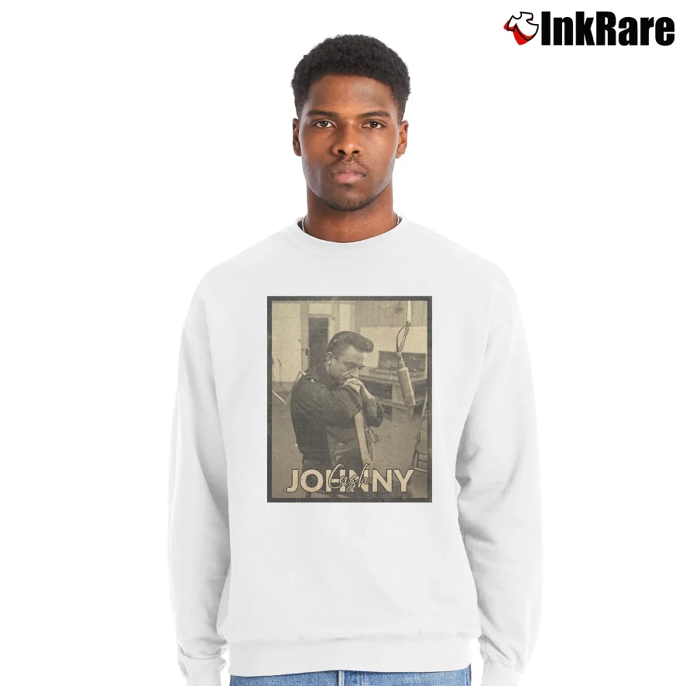 Men’s Johnny Cash Vintage Style Crewneck Sweatshirt in white | Cozy Fabric, Clean Style
